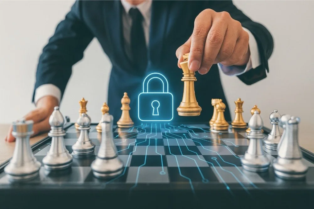 A man in a suit moving a gold king chess piece on a digital chessboard with a glowing lock icon in the background, symbolizing security or strategic thinking.
