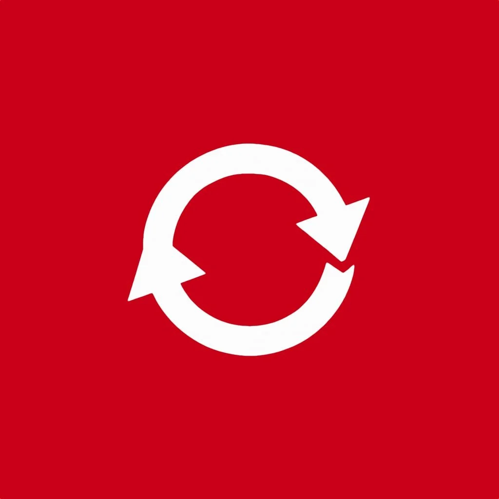 A red background with a white circular arrow symbol in the center, indicating refresh or restart.