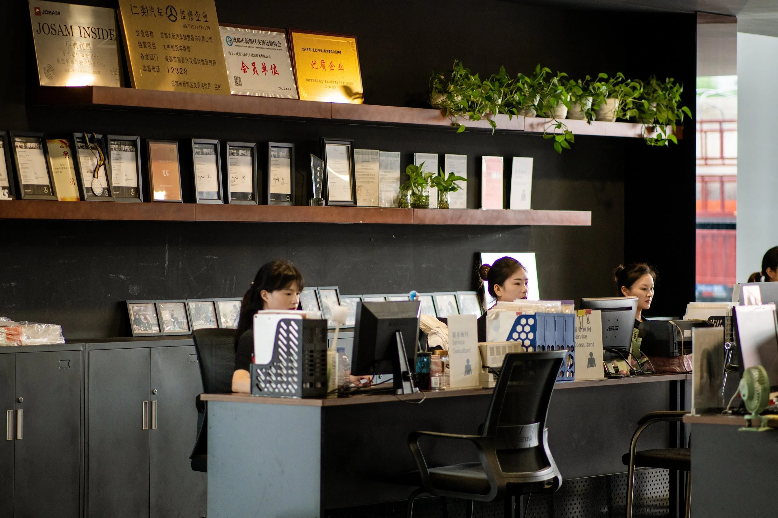 Office reception area with three women working at desks, framed certificates and awards on shelves behind them, potted plants on upper shelf, and a window to the right.