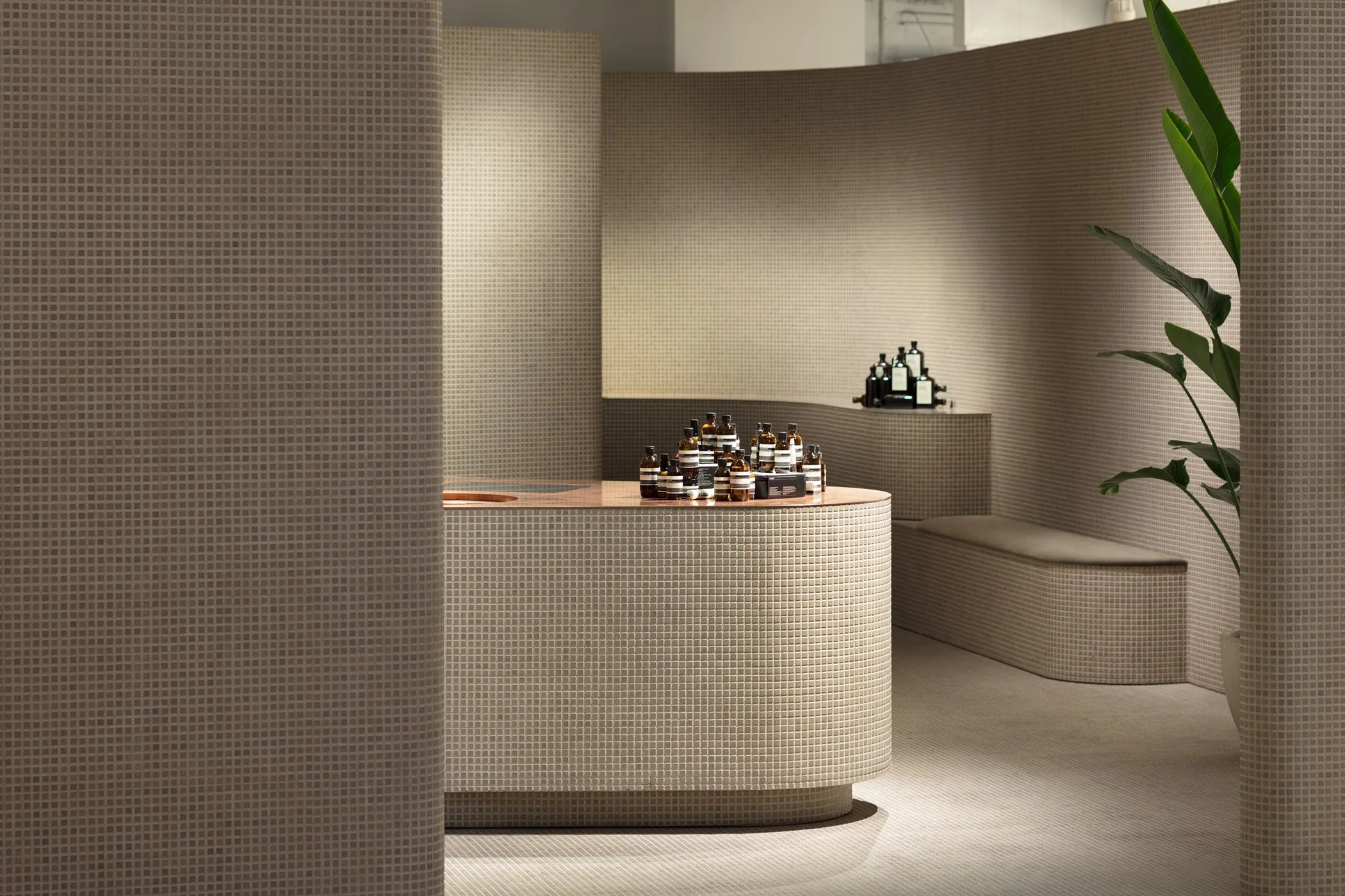 A minimalist interior space featuring small brown bottles on a rounded counter, with a bench and potted plant, and a curved wall in the background.