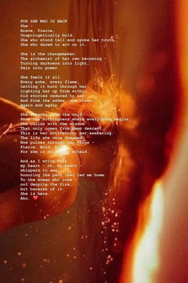 A poem about a woman who is strong, courageous, and transformative, set against a fiery background with warm orange and red tones. The poem describes her as a changemaker, a source of light and power, rising from ashes and darkness.