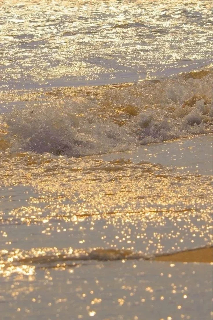 Close-up of ocean waves gently washing onto a sandy beach during sunset, with golden sunlight reflecting off the water and sand.