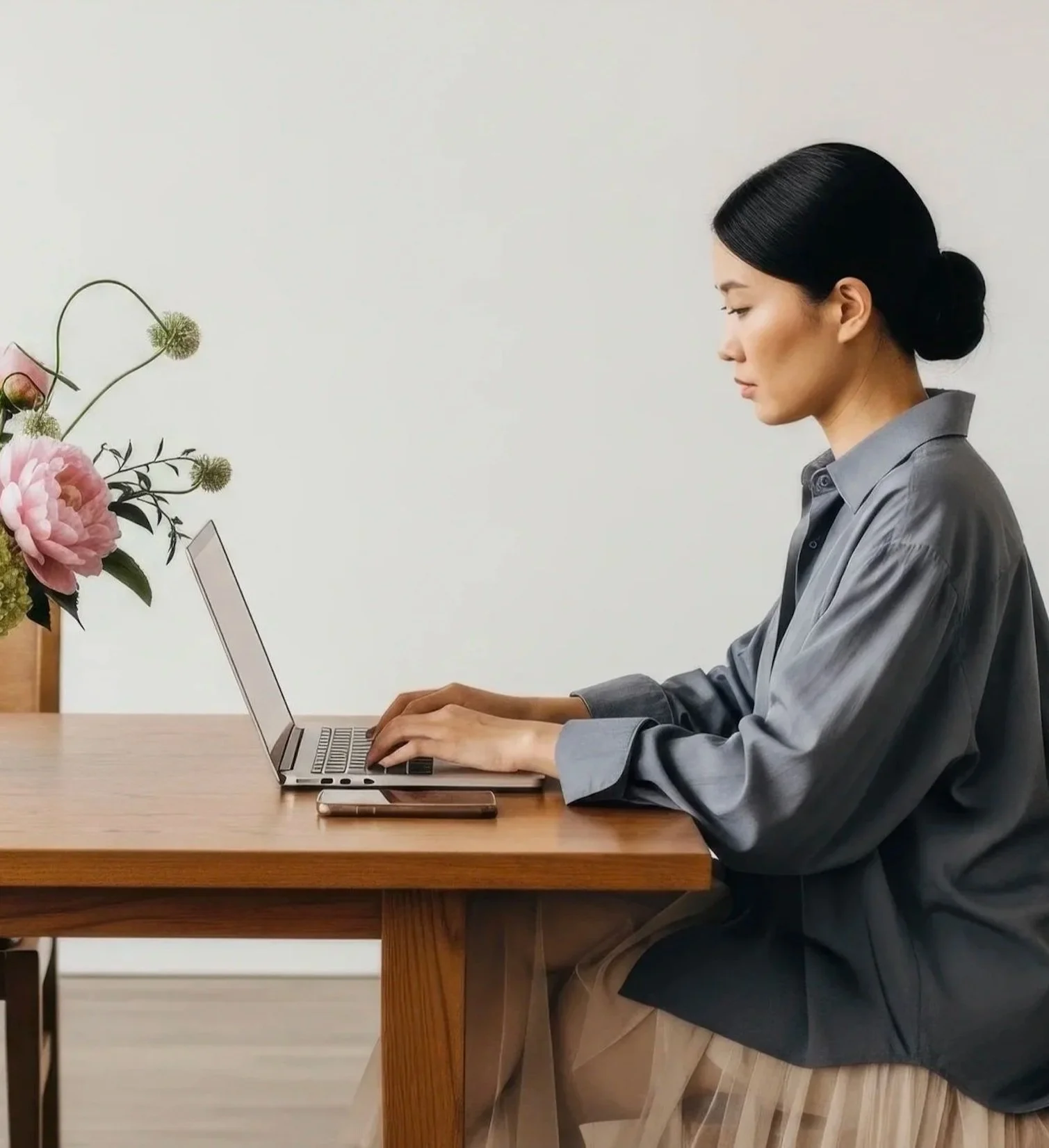 A woman working on a laptop at a wooden table with a vase of pink and white flowers on the left.