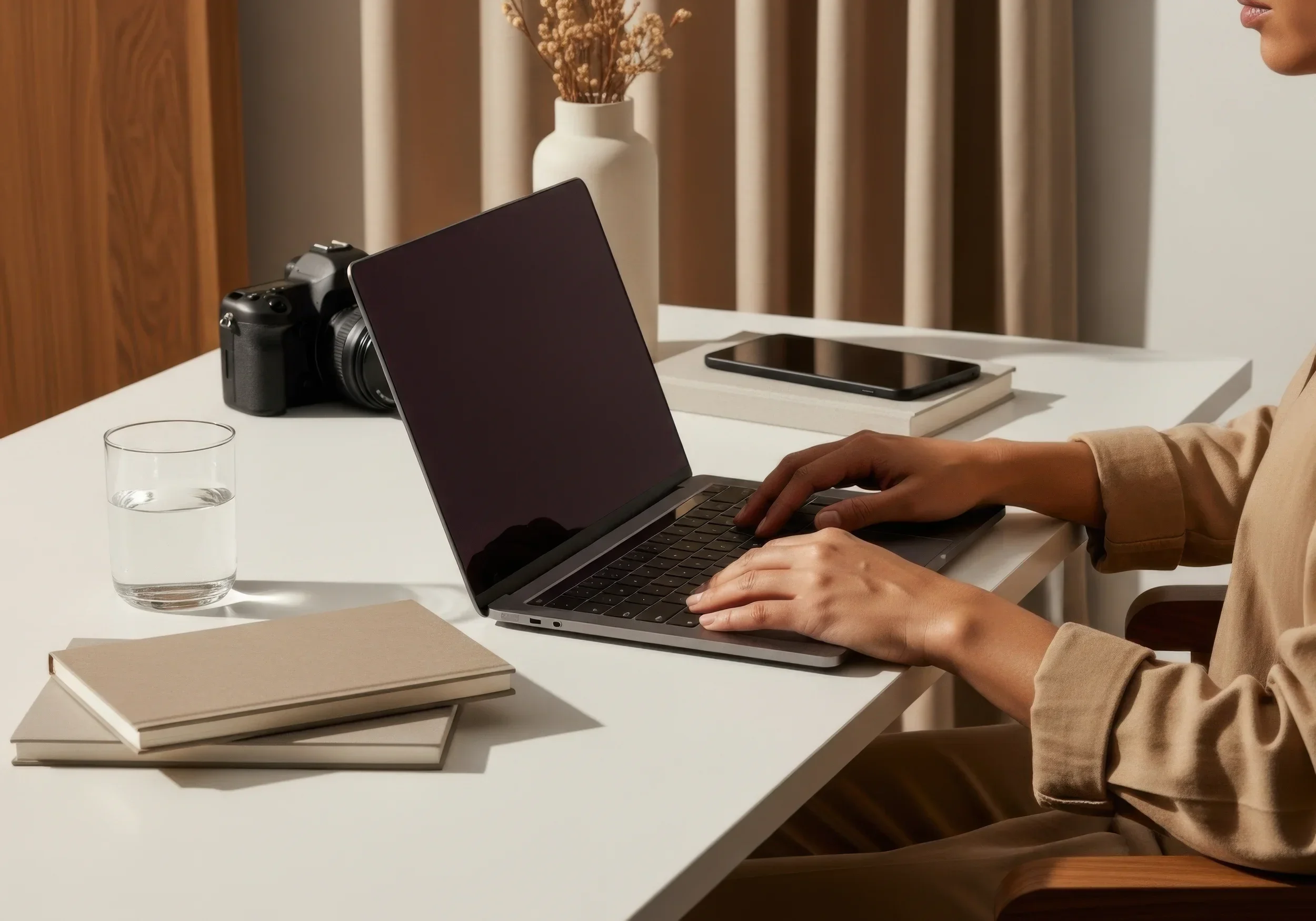 A person working on a laptop at a white desk with a phone, two notebooks, a glass of water, a camera, and a vase of dried flowers.
