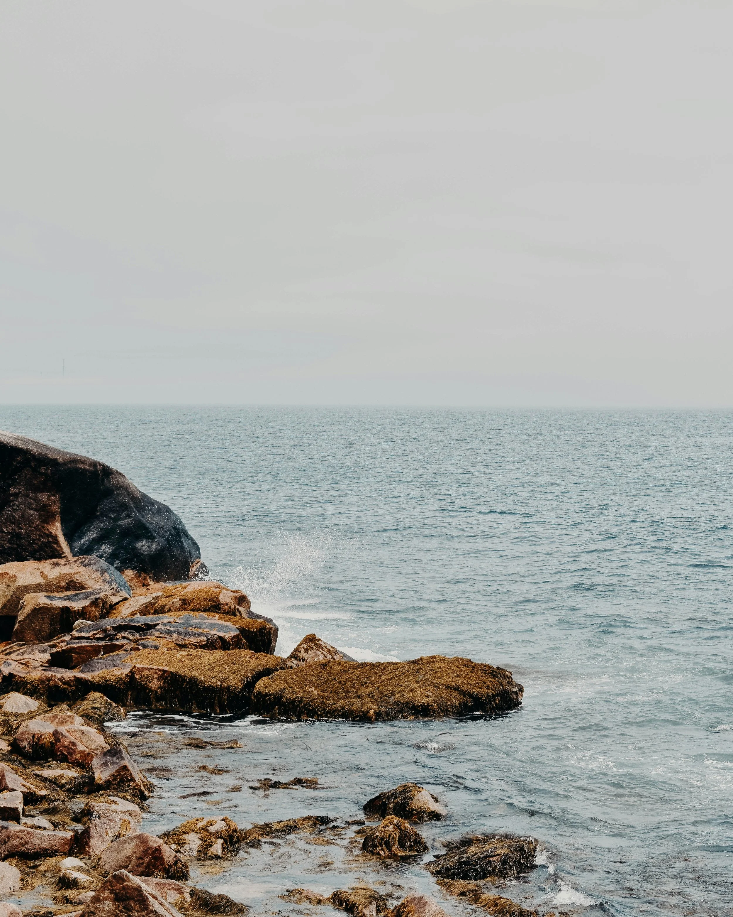 Rocky shoreline with the ocean in the background and gray sky overhead.