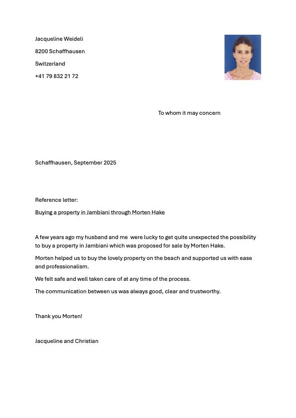 Letter from Jacqueline Weideli to Morten Hake praising his professionalism and support in helping her husband buy a property in Jambiani, with her photograph in the top right corner.