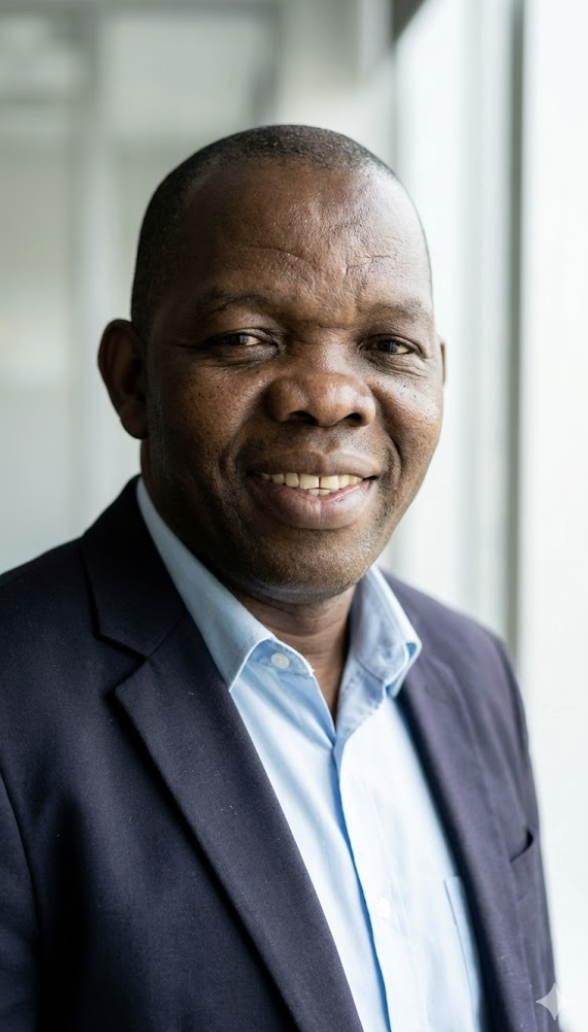 A smiling man with dark skin wearing a dark suit and light blue shirt, standing in front of a window with natural light.
