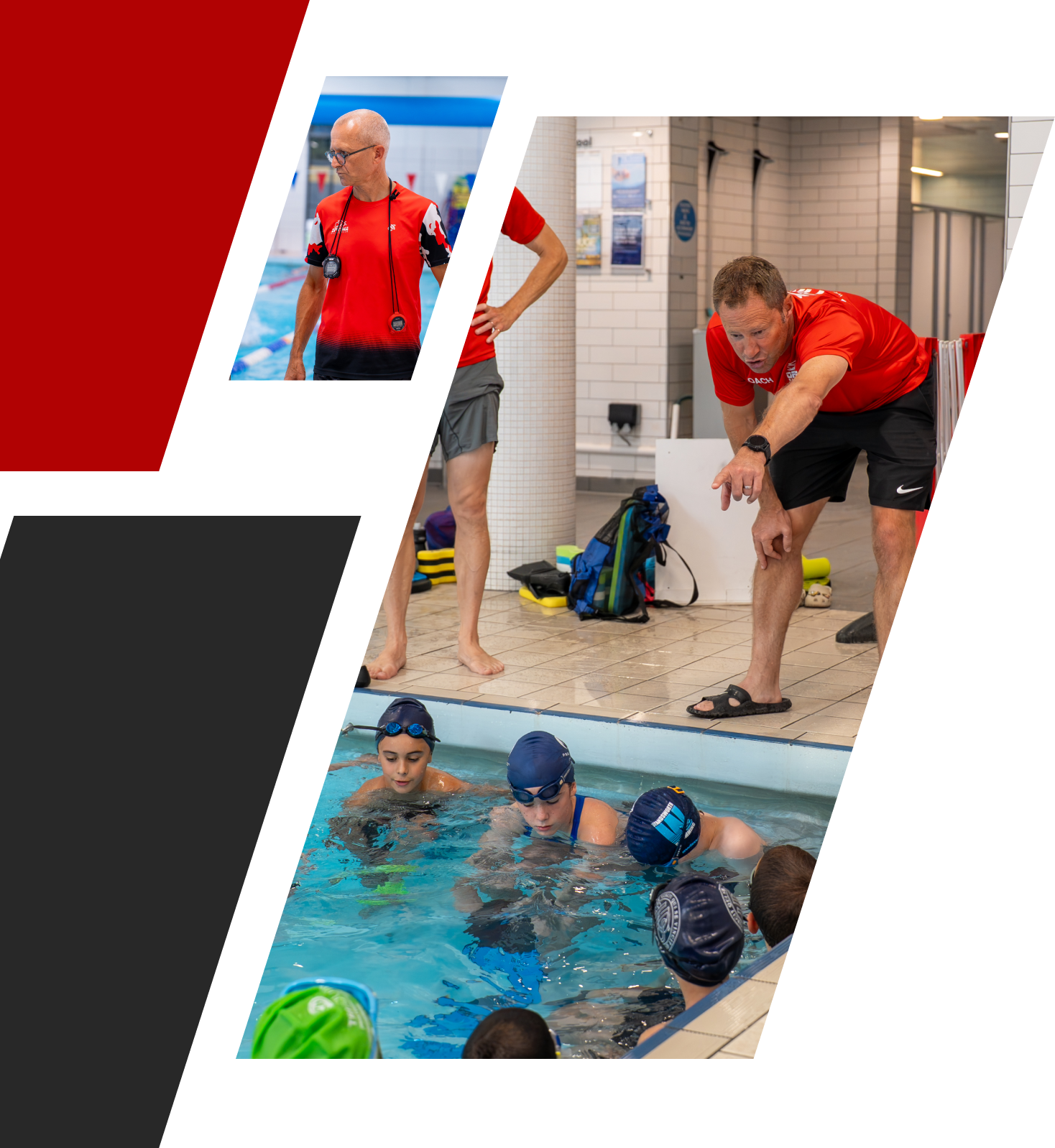 Swimmers in a pool during a swimming lesson, with instructors on the pool deck giving directions.