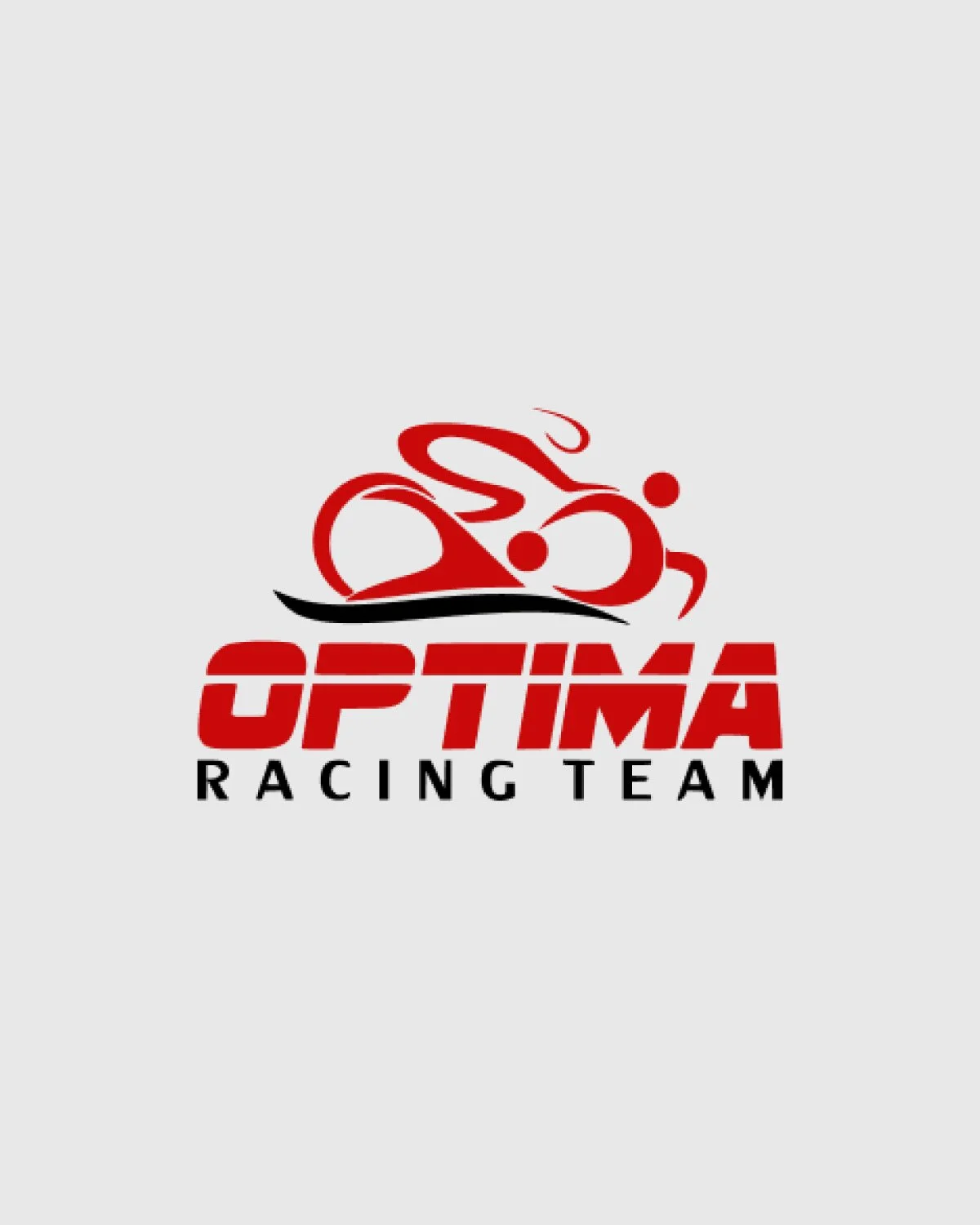 Optima Racing Team logo featuring a stylized red motorcycle graphic and bold red text, with 'Racing Team' in black underneath on a gray background.