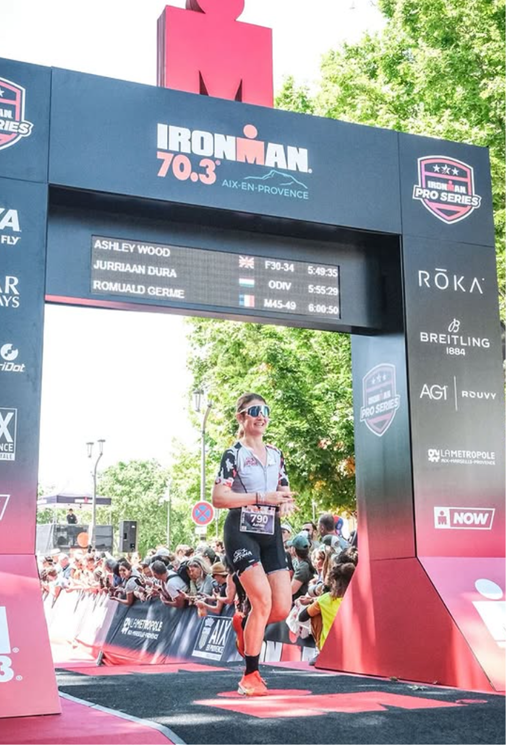Female athlete crossing the finish line at the Ironman 70.3 race in Aix-en-Provence. She is wearing sunglasses, a race bib, athletic gear, and smiling, with a crowd cheering behind her, under a display sign with race details.