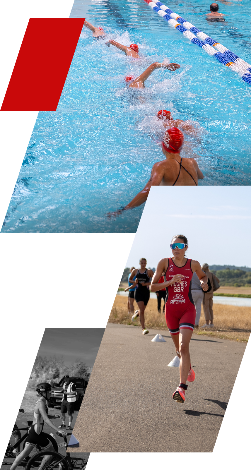 Collage of athletes competing in swimming, running, and cycling events at a triathlon.