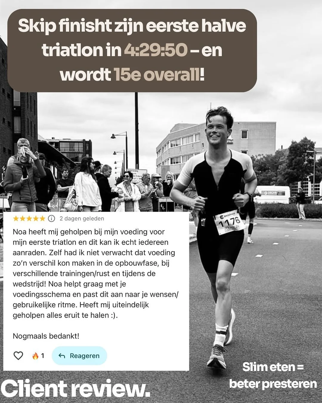 📣 Client Highlight: Skip knalt naar de 15e plek bij zijn allereerste halve triatlon in Zeewolde – met een toptijd van 4:29:50!
Voor zijn race heb ik Skip begeleid met een compleet voedingsplan op maat:
🥇 Voeding afgestemd op de verschillen