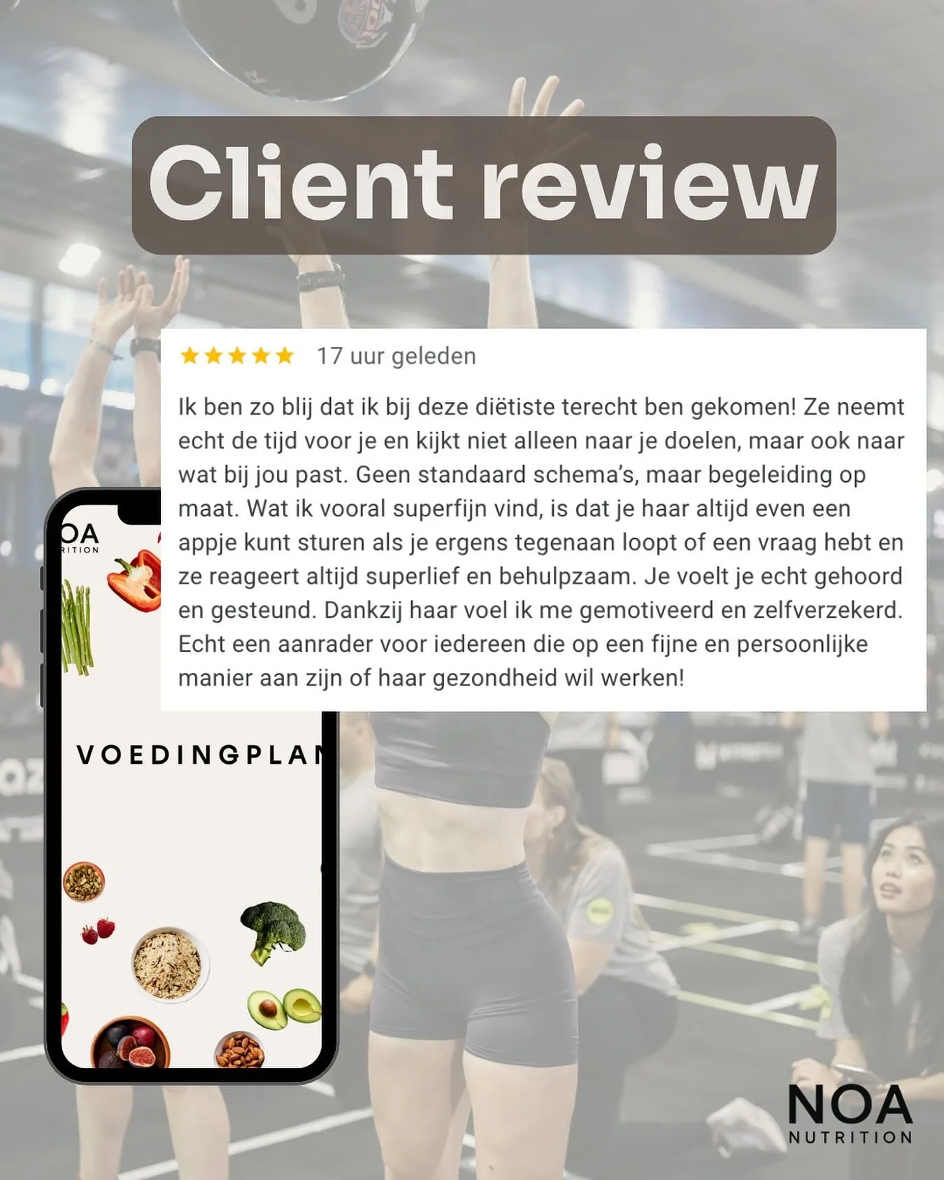 HAPPY CUSTOMER✨
Bij Noa Nutrition staat persoonlijke begeleiding voorop.
Wat heb jij nodig? Wat past bij jouw leven, doelen en struggles? Daar stem ik mijn advies en plan op af.
Geen standaard schema’s, maar persoonlijke coaching gericht op