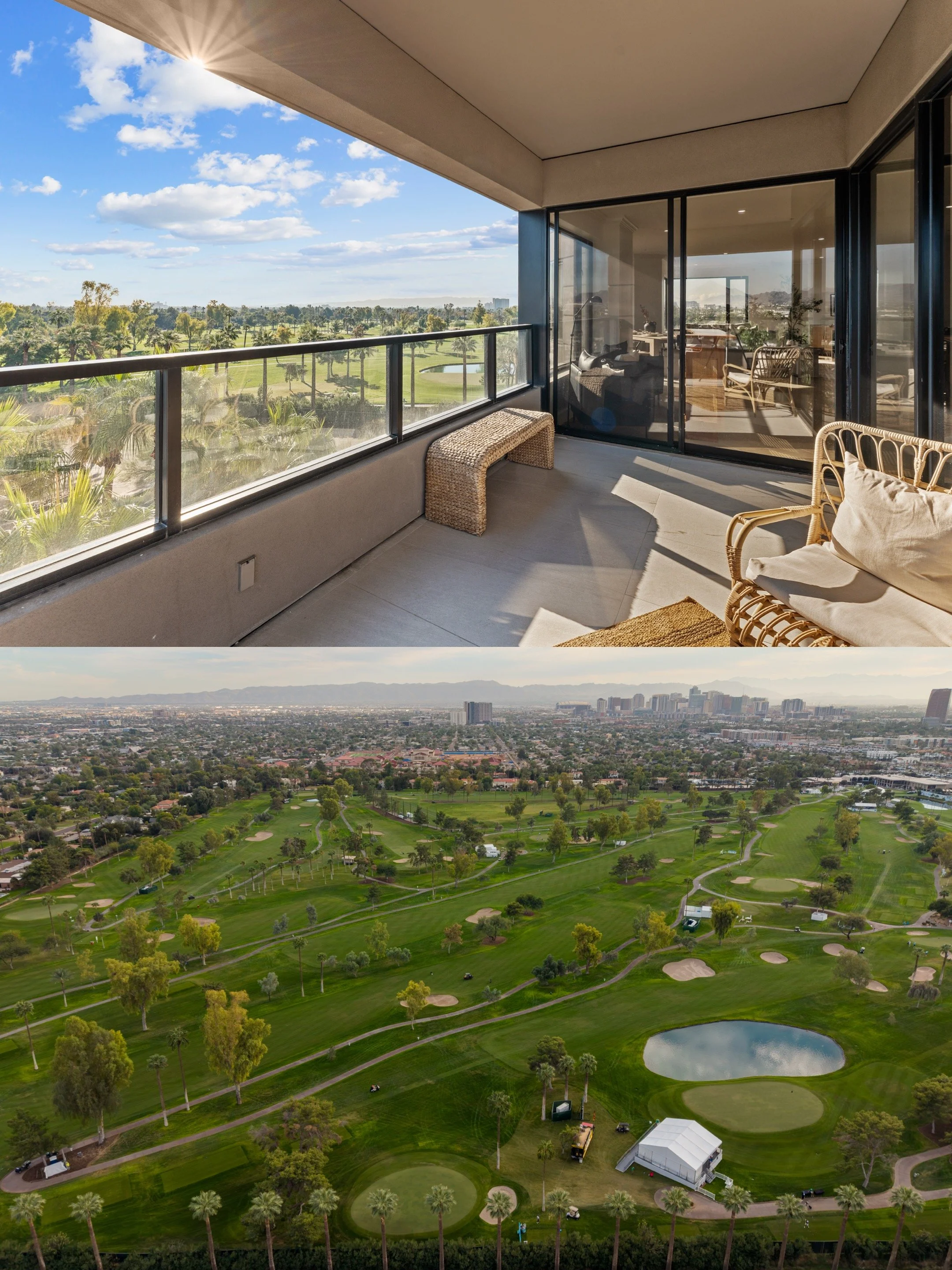 Balcony with wicker bench and rattan chair, overlooking a golf course with trees, water hazards, and city skyline in the distance.