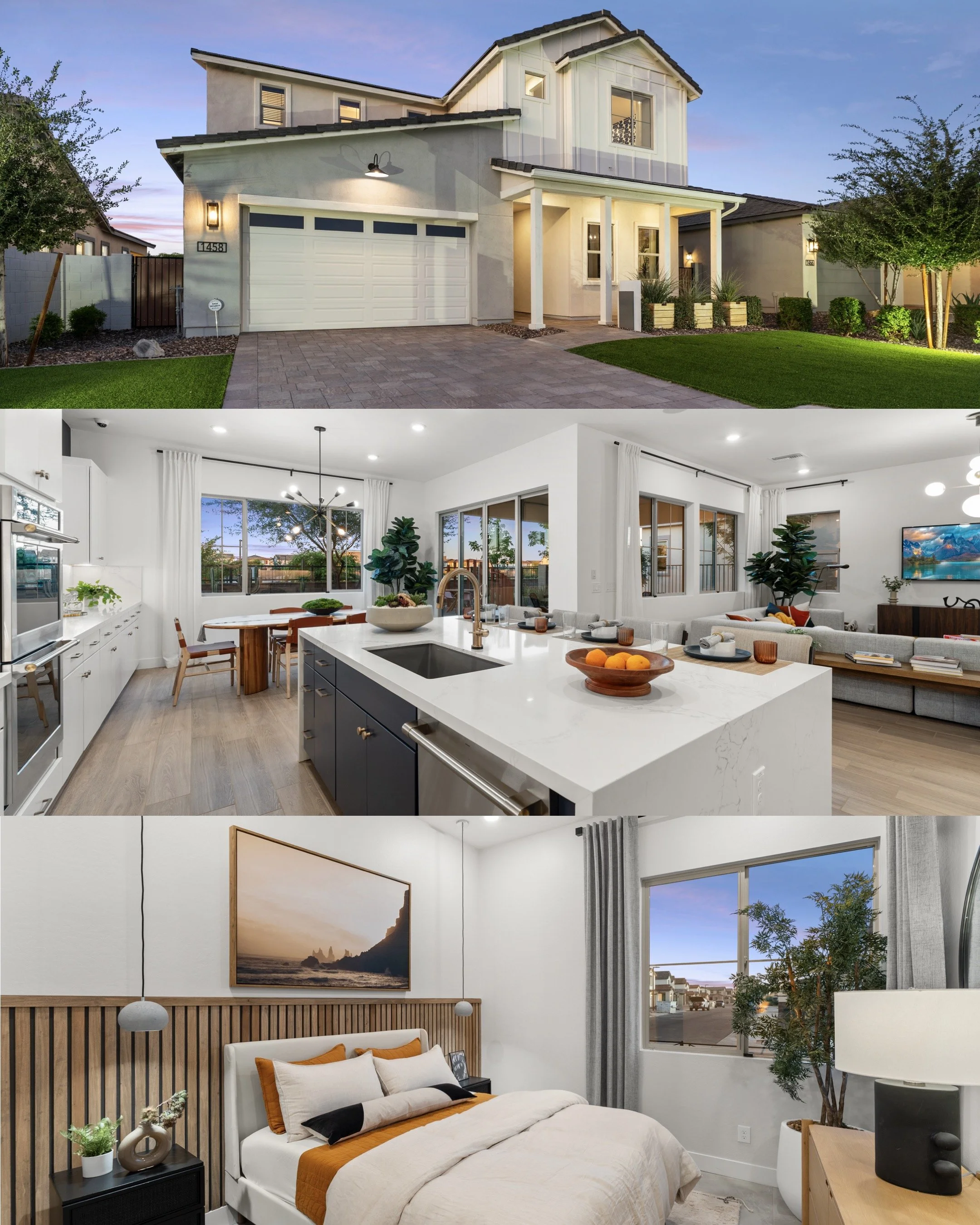 Exterior view of a modern two-story house with a driveway, front yard, and landscaped garden, taken at dusk; interior photos of the kitchen, living room, and bedroom showcasing contemporary furniture and decor.