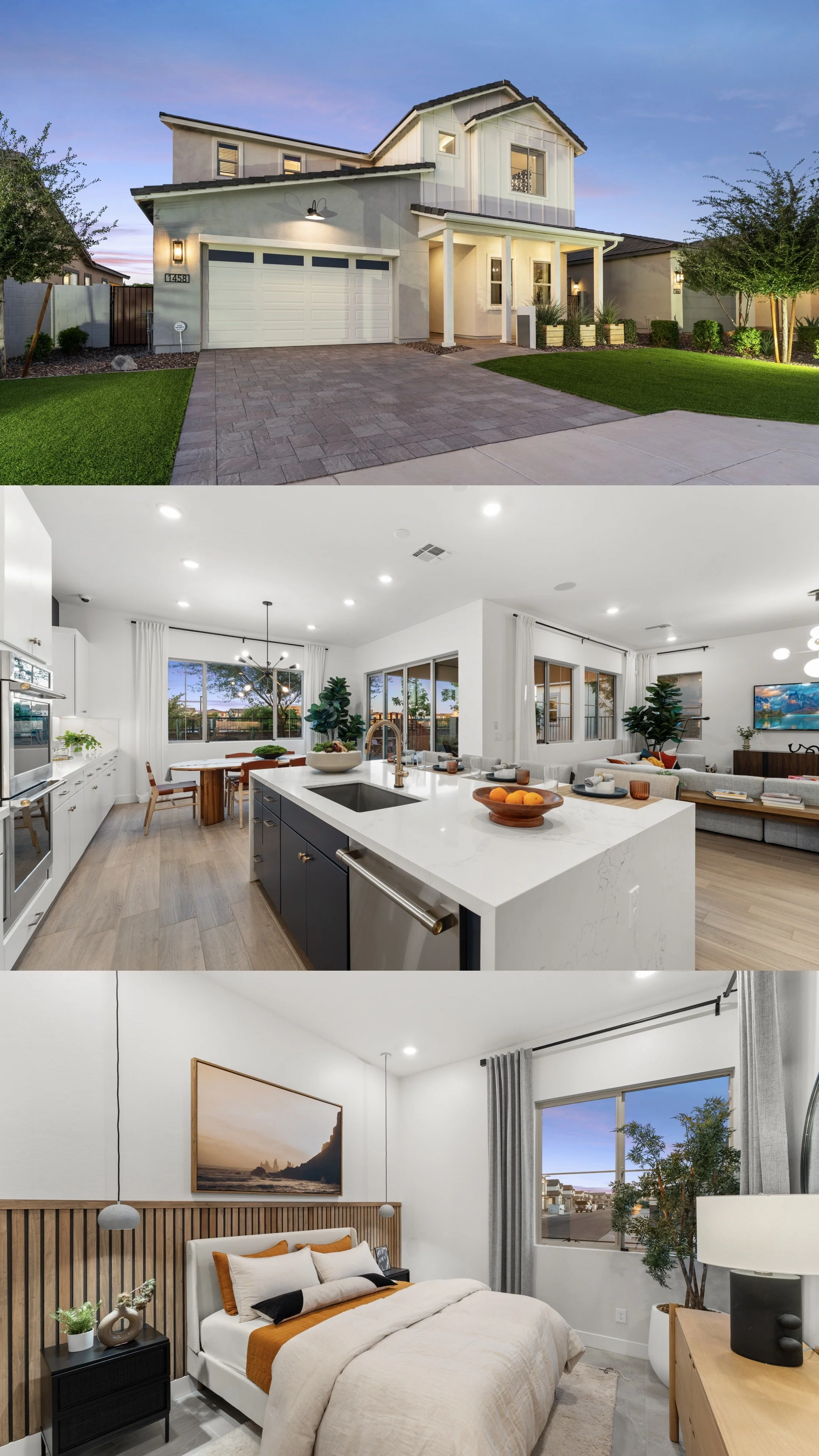 A modern house with a driveway and front yard, interior kitchen with white cabinets and a dining area, and a cozy bedroom with a bed, artwork, and window view.