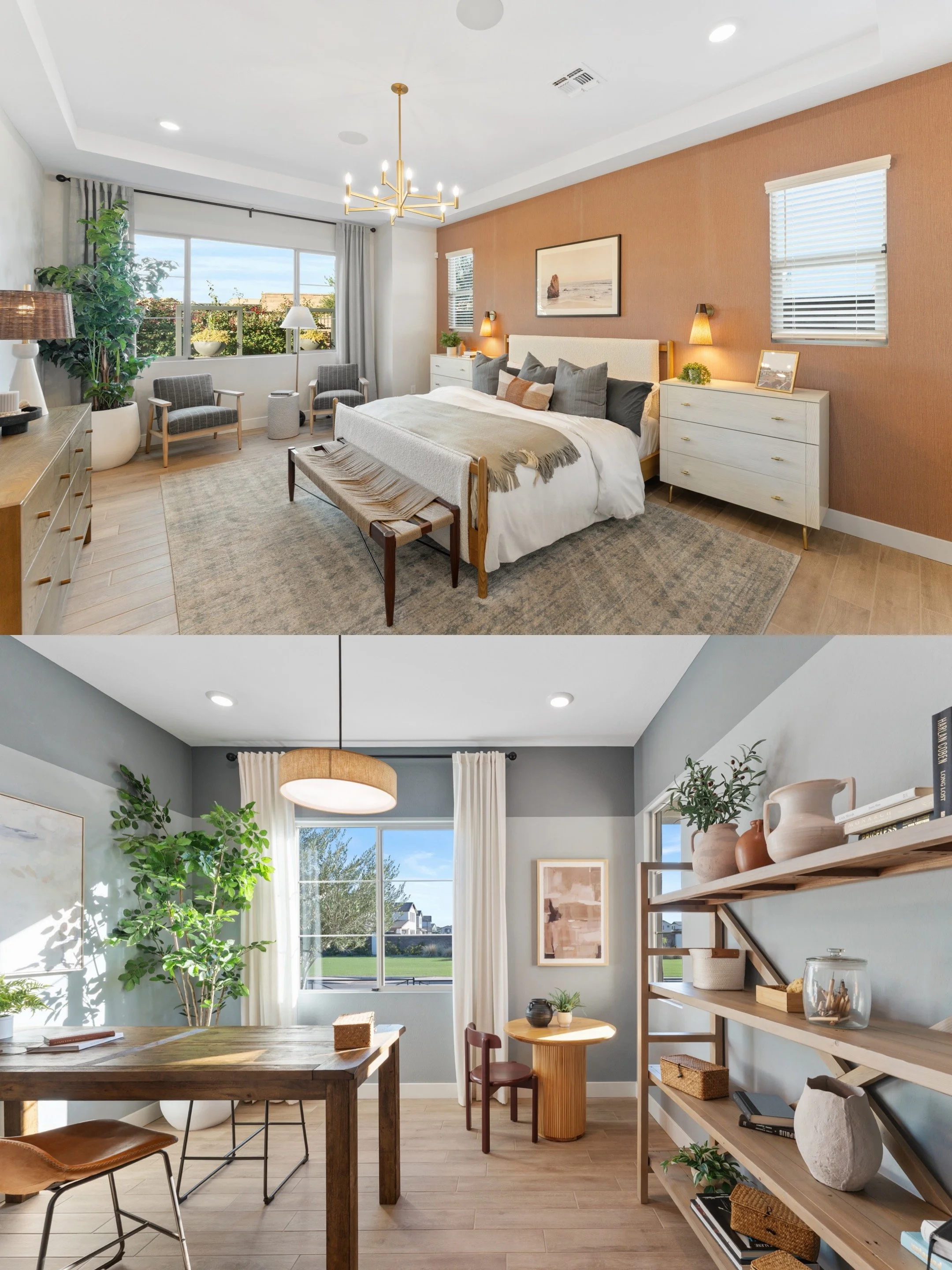 Split image showing two rooms. The top room is a bedroom with a large window, a bed with gray and brown pillows, two white dressers with lamps, a bench at the foot of the bed, and a sitting area with two chairs and a plant. The bottom room is a dining or workspace area with a wooden table, chairs, a large window, a shelving unit with decorative items, and a plant.