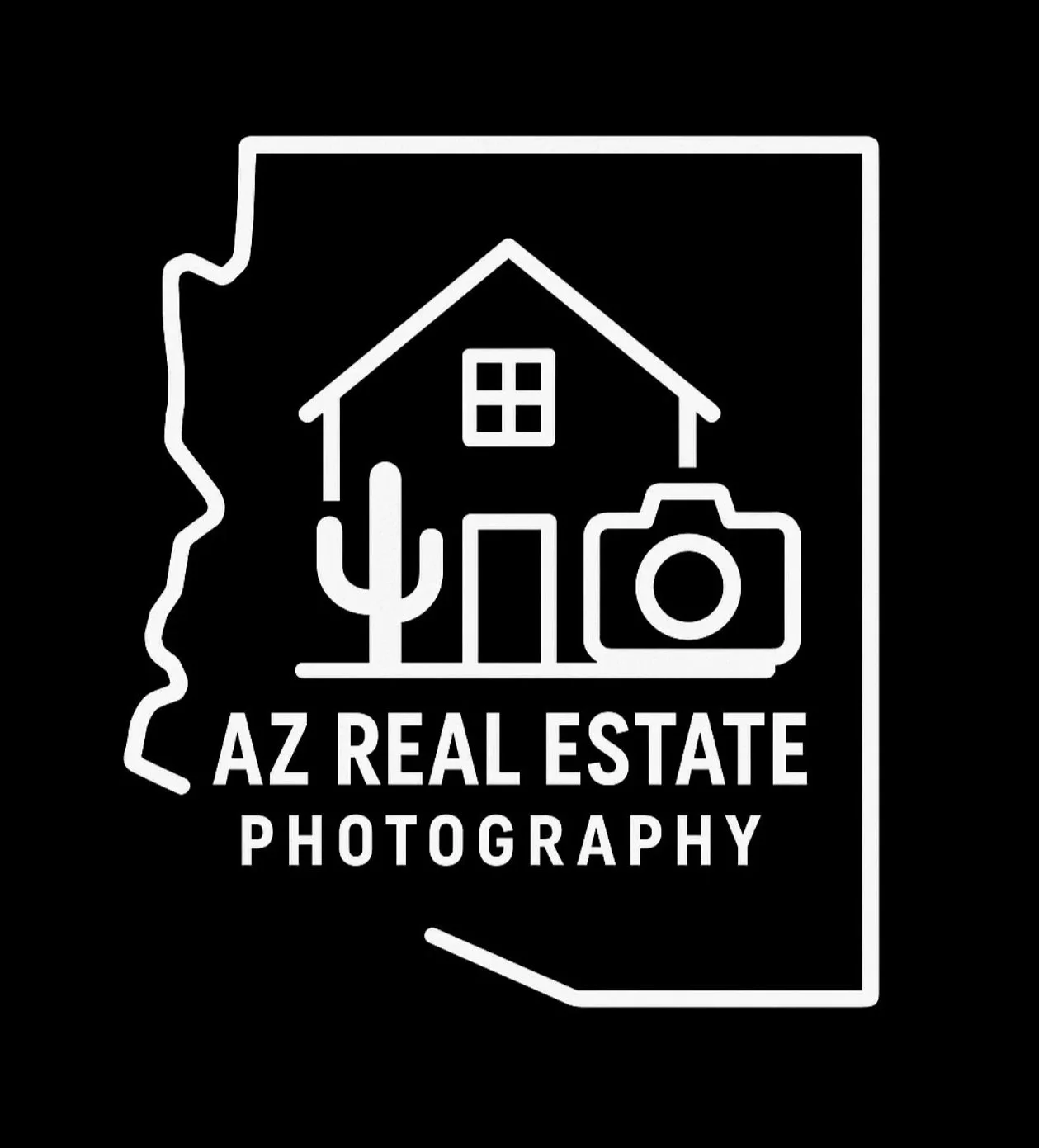Logo for AZ Real Estate Photography featuring a house, cactus, and camera outline within the shape of Arizona.