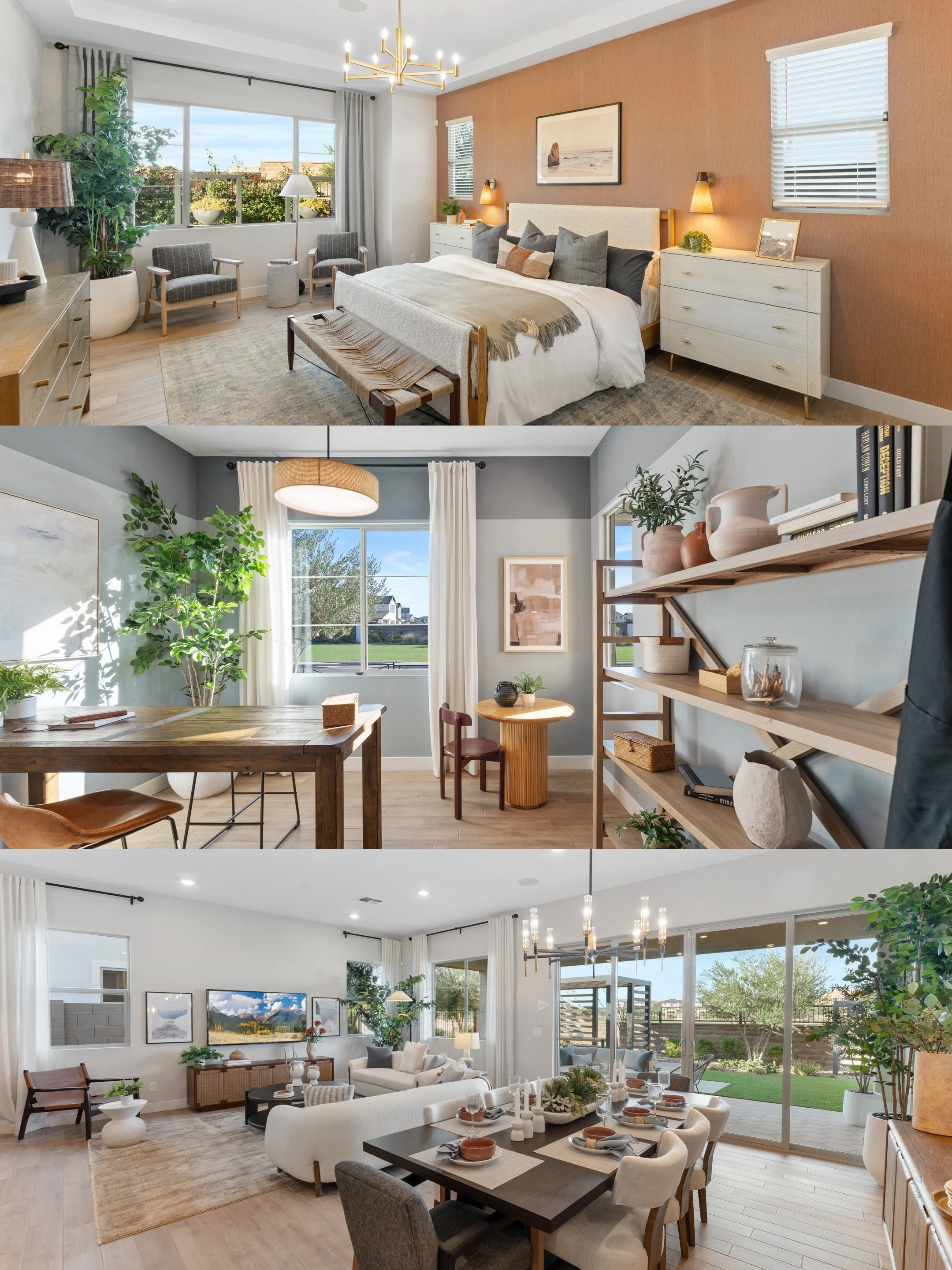 Interior shots of a modern bedroom, a dining area, and a living room with large windows, contemporary furniture, and indoor plants.