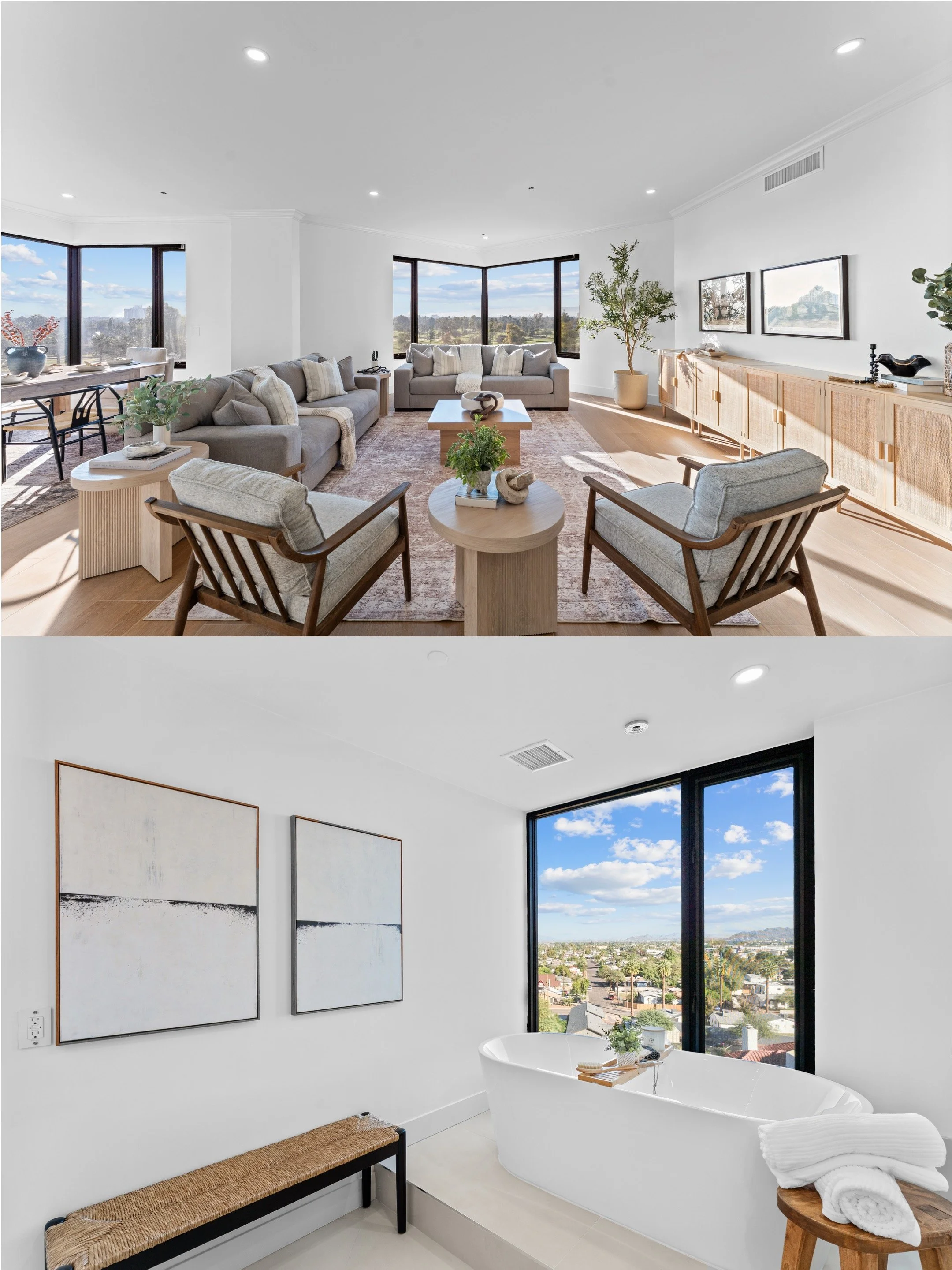 Living room with beige sofas, wooden chairs, large windows, and modern decor; Bathroom with white bathtub, minimalist decor, large window showing city view, and framed artwork.