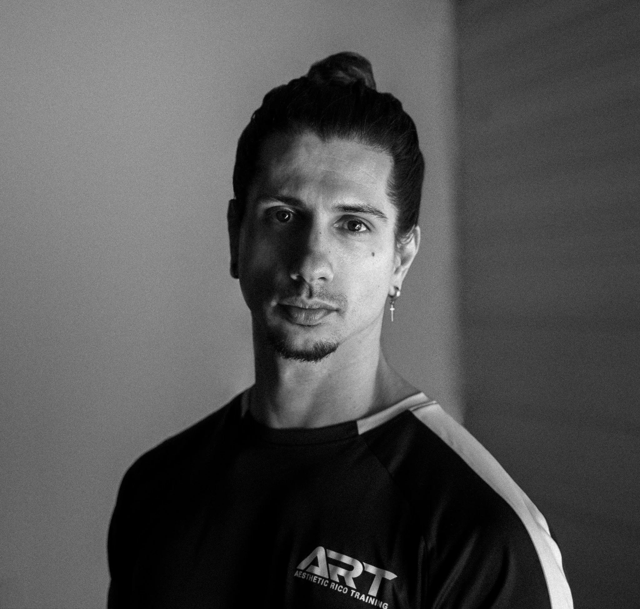 Cinematic editorial portrait photography, black & white