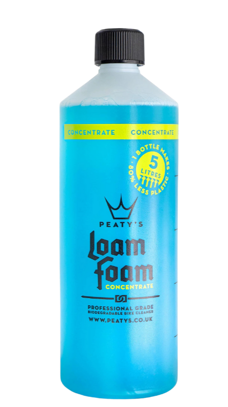 A blue bottle of Peaty's Loam Foam concentrate biodegradable bike cleaner.