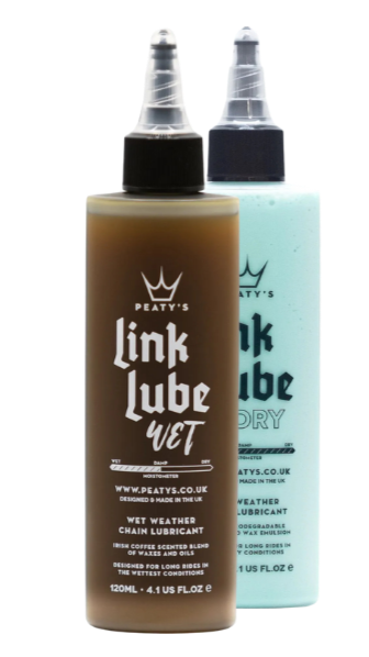 Two bottles of Peaty's lubricants.