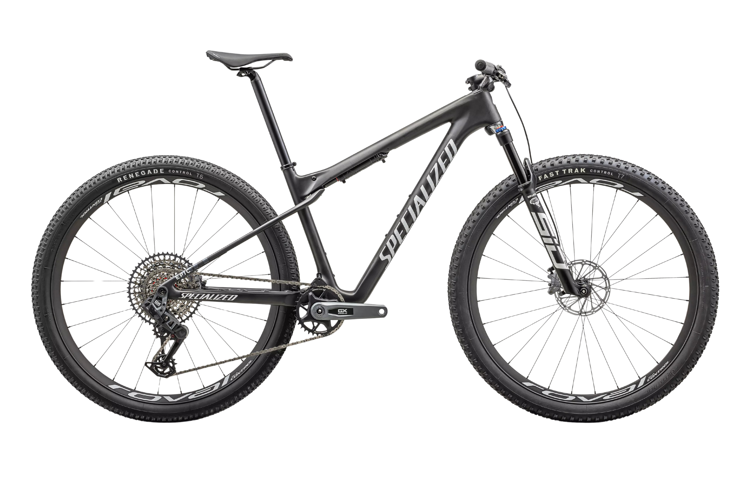 A black Specialized mountain bike with large tires, disc brakes, front suspension, and a sleek frame design.