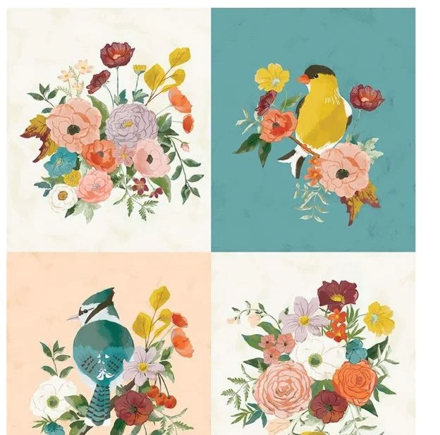 Winged Medley Birds and Bouquets Panel   P15918-PANEL