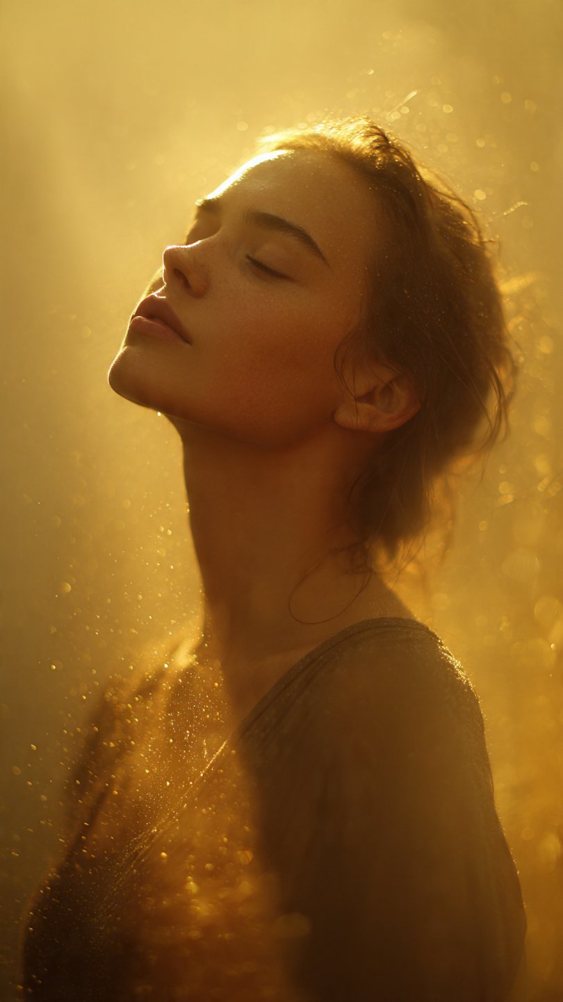 A woman with closed eyes and a peaceful expression, with golden light illuminating her face and shoulder, surrounded by small floating particles.