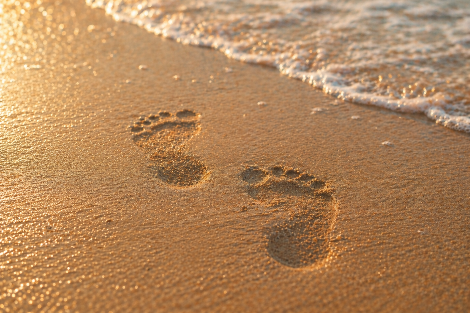 Footprints on sandy beach near ocean water at sunset.