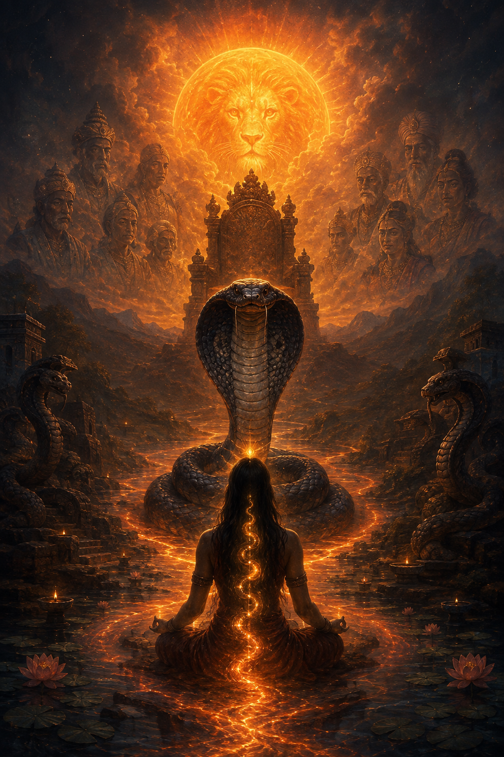 A woman in meditation seated on water with glowing hair and a snake around her, facing a large cobra with a glowing gem. Behind her are ancient regal figures and a lion face in the sun, with floating clouds and temples.