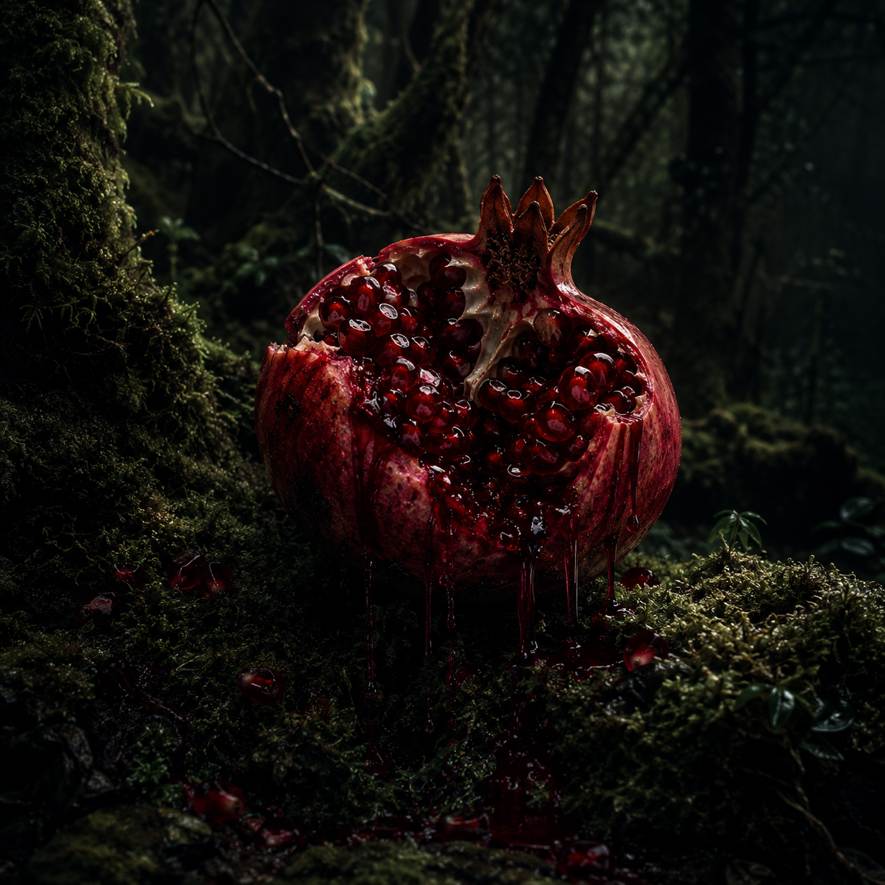 A pomegranate with its top cut open, exposing the ruby-red seeds inside, sits on mossy forest ground with a dark, blurred forest background.