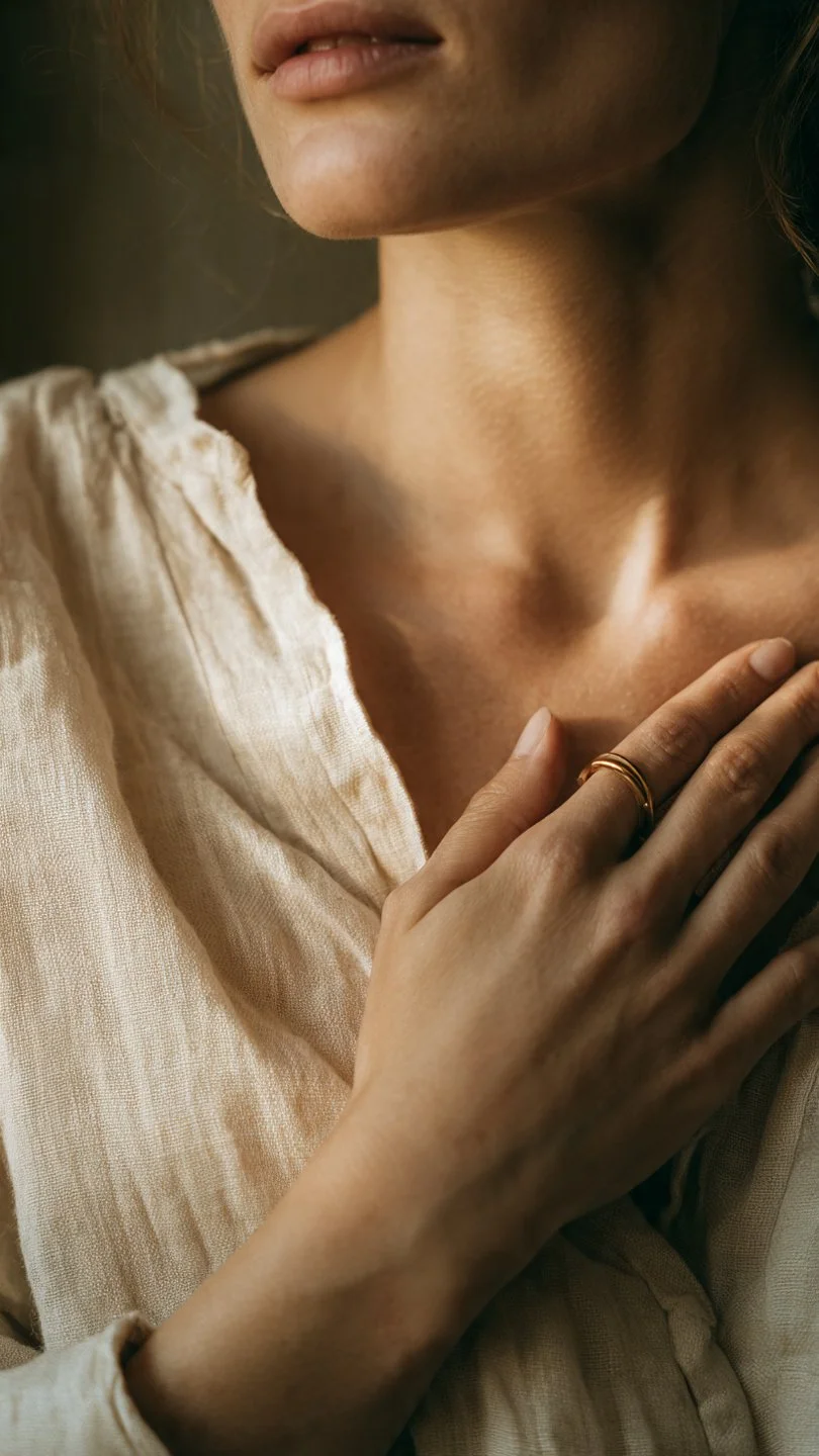 Close-up of a woman's neck, hand with rings touching her collarbone, wearing a beige textured top, with soft lighting.