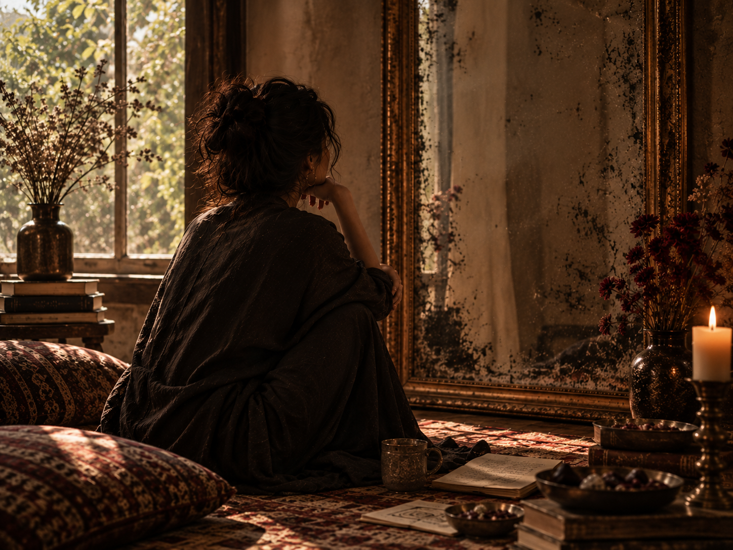 Woman in quiet reflection before an antique mirror in a candlelit room.
