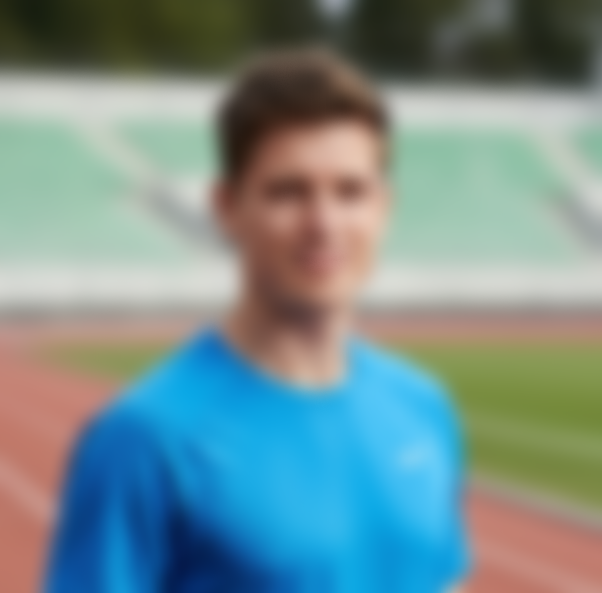 Young man in a blue Nike athletic shirt standing on a running track at an outdoor stadium.