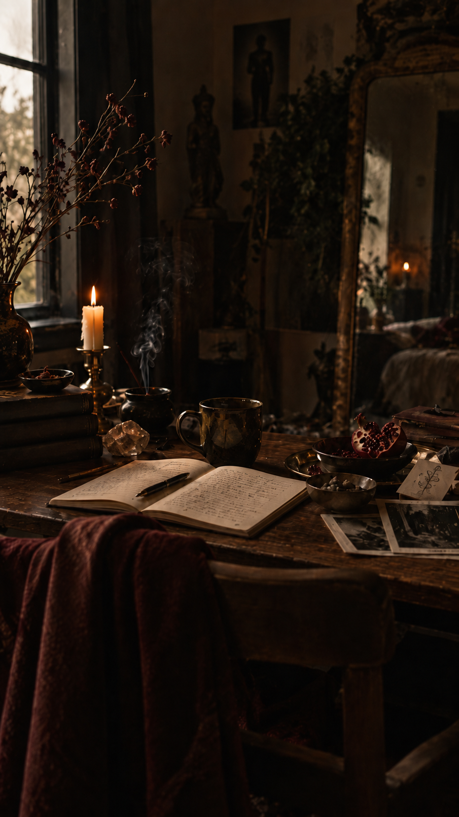 Candlelit desk with an open journal, incense, crystal, pomegranate and antique mirror.