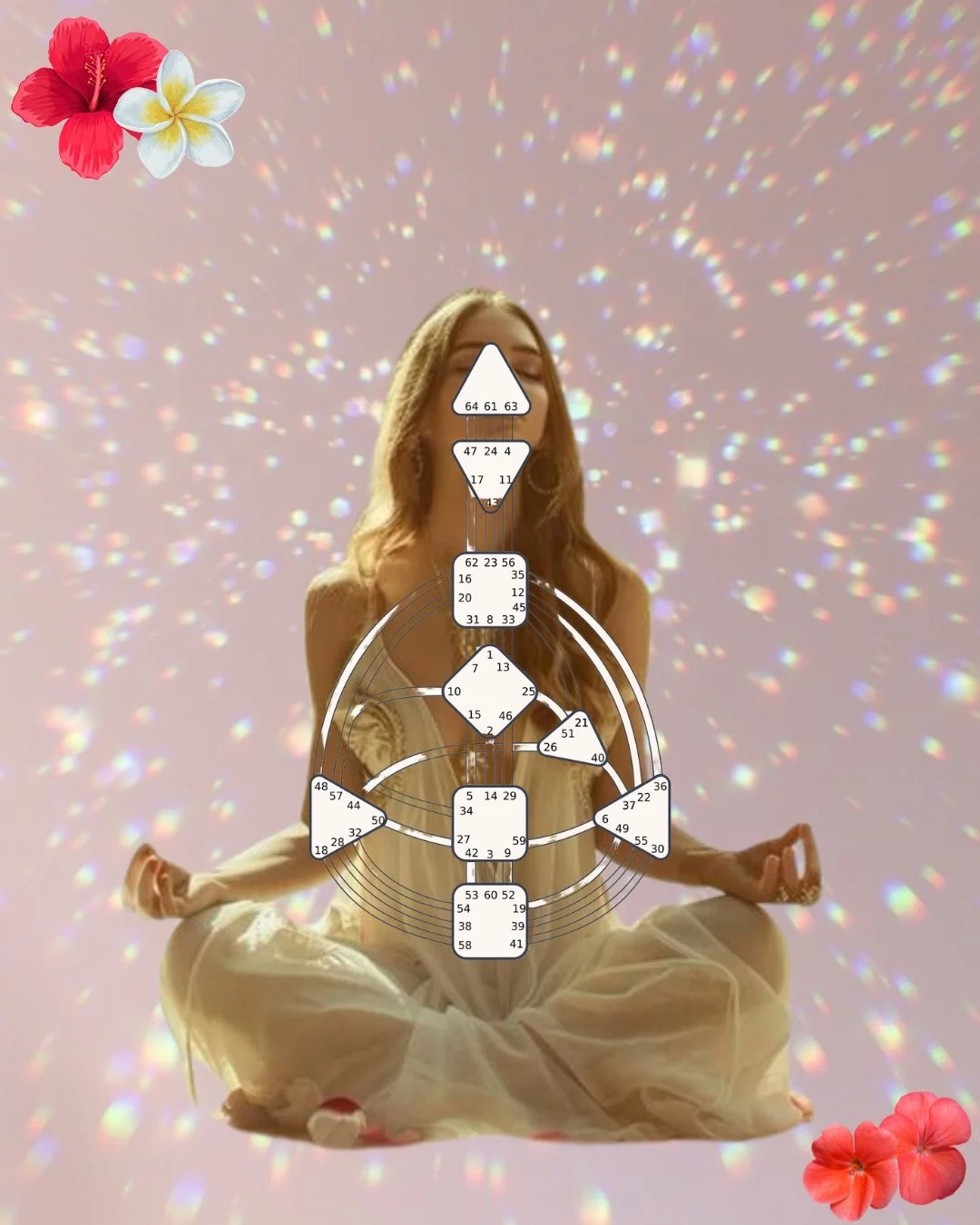 A woman meditating in a lotus position against a pink background with rainbow light reflections and floral decorations.