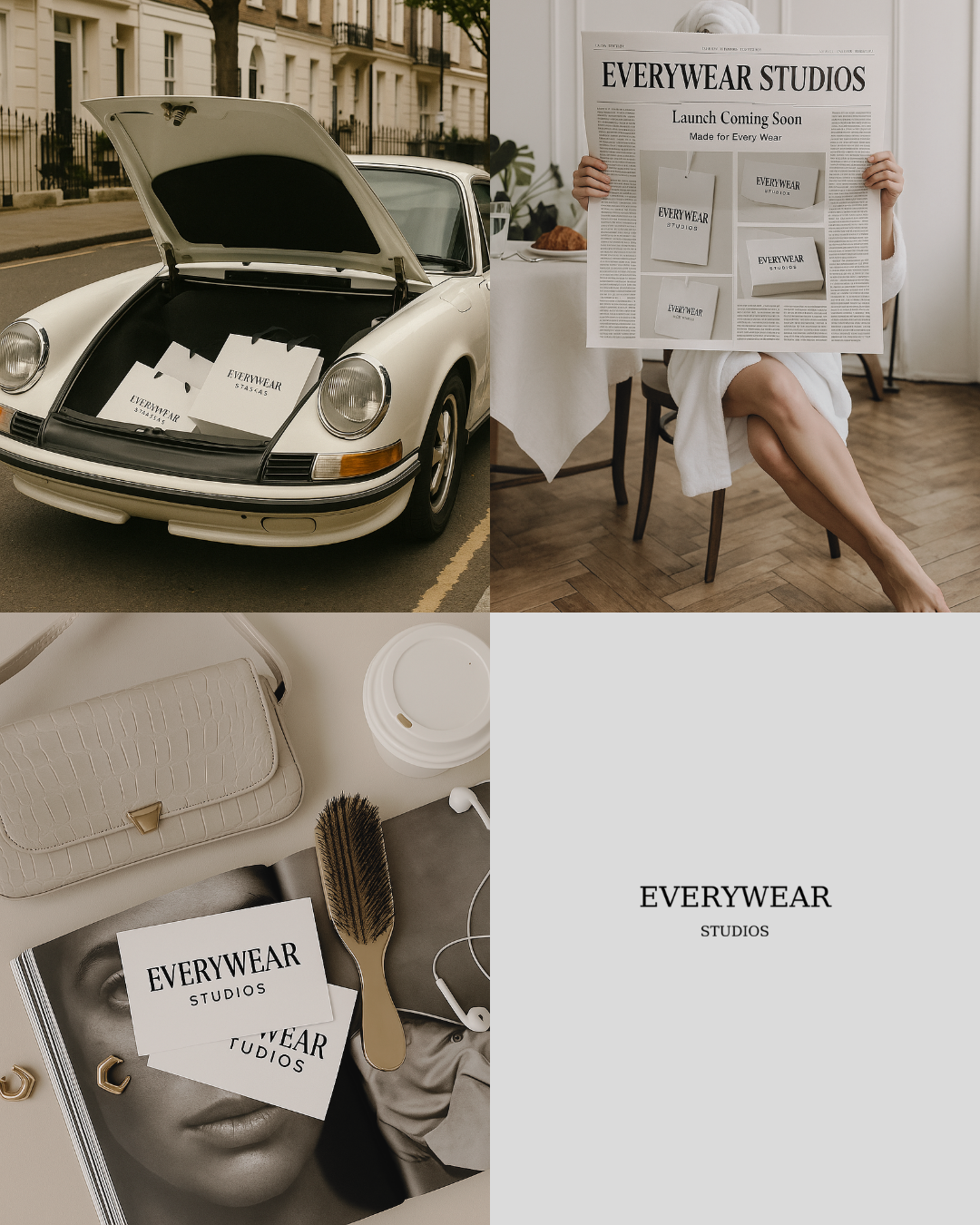Various promotional images for Everywear Studios, including branded shopping bags in a car trunk, an advertisement on a newspaper, jewelry and accessories on a magazine, and a logo display on a gray background.