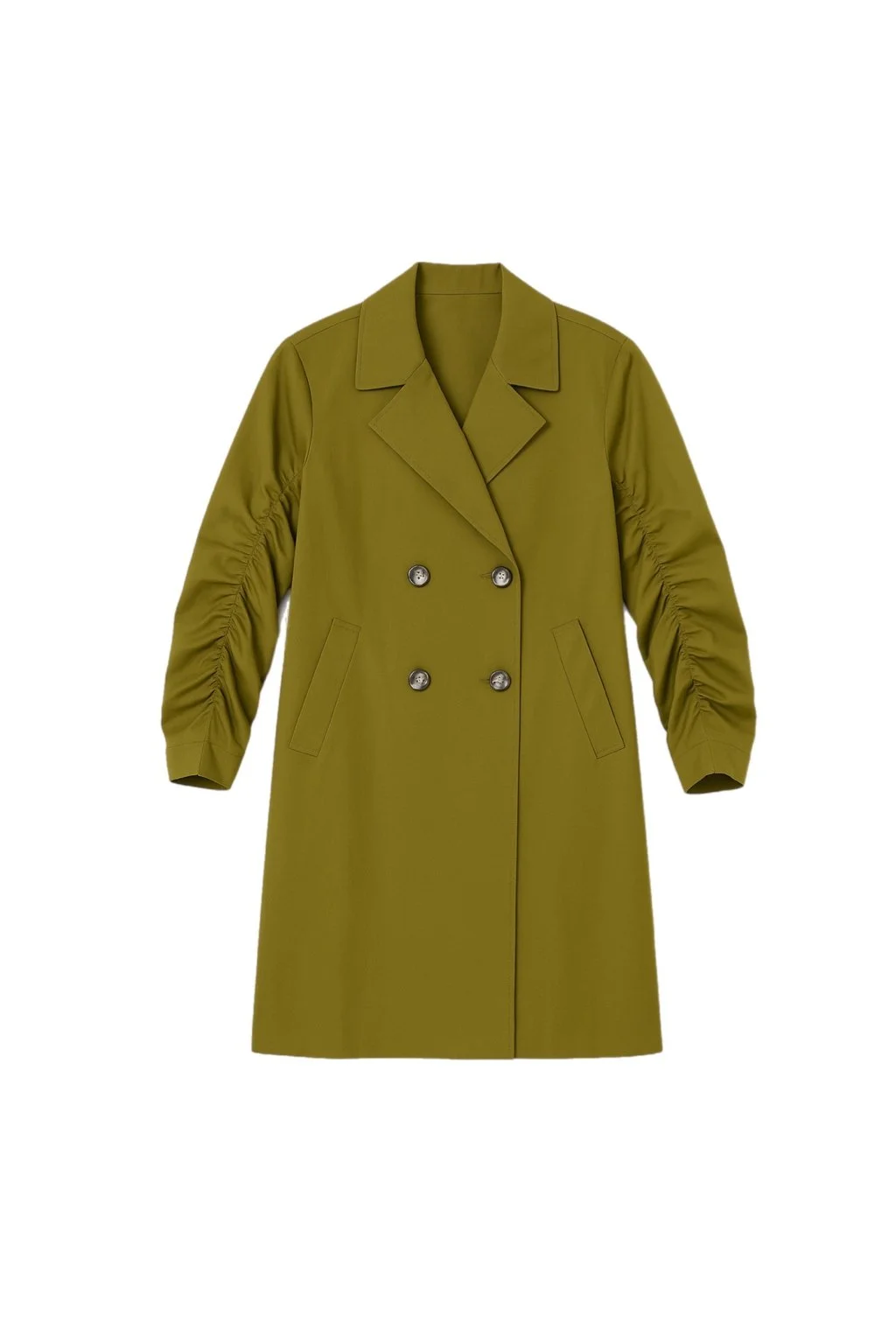 Olive Green Ruched Sleeve Double-Breasted Coat