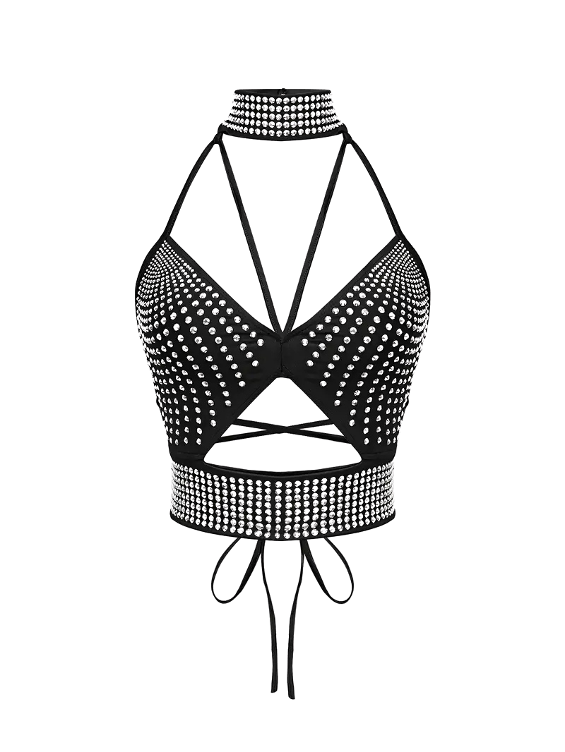 Embellished Halter Top in Noir