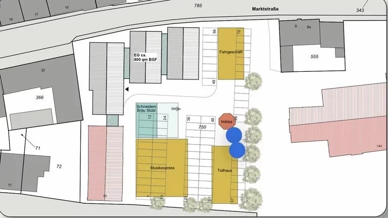 Stadtplan mit Gebäuden, Parkplätzen, Bäumen und Markierungen für Imbiss, Straßen und Gebäudenummern.