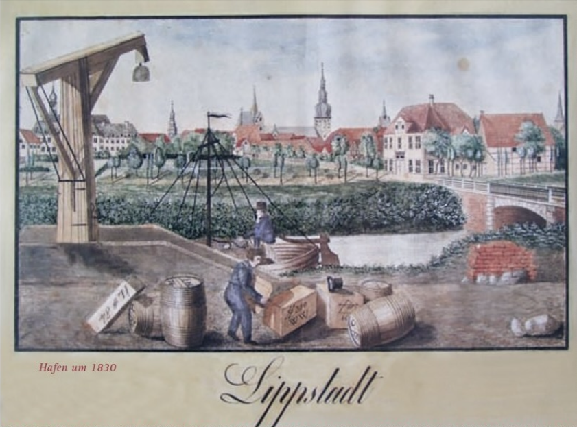 Ein Gemälde des Hafens in Lippstadt um 1830. Es zeigt Arbeiter beim Entladen von Fässern und Kisten, einen Kran und die Stadt mit Kirchtürmen im Hintergrund.