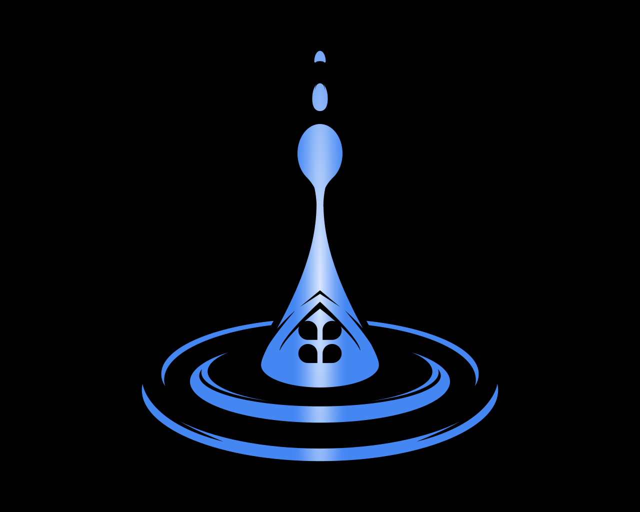 Blue water droplet falling into a body of water, creating ripples, on a black background.