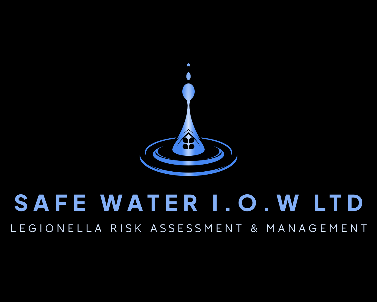 Logo for SAFE WATER I.O.W LTD with a blue water droplet creating ripples on a black background, and text indicating legionella risk assessment and management.
