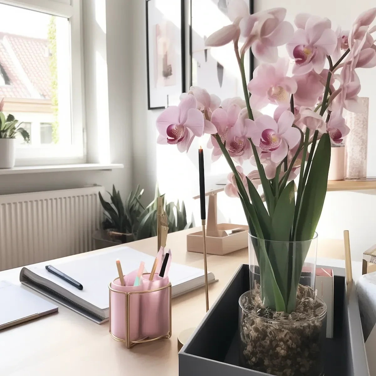 Bright Home Office With Pink Orchid On Desk