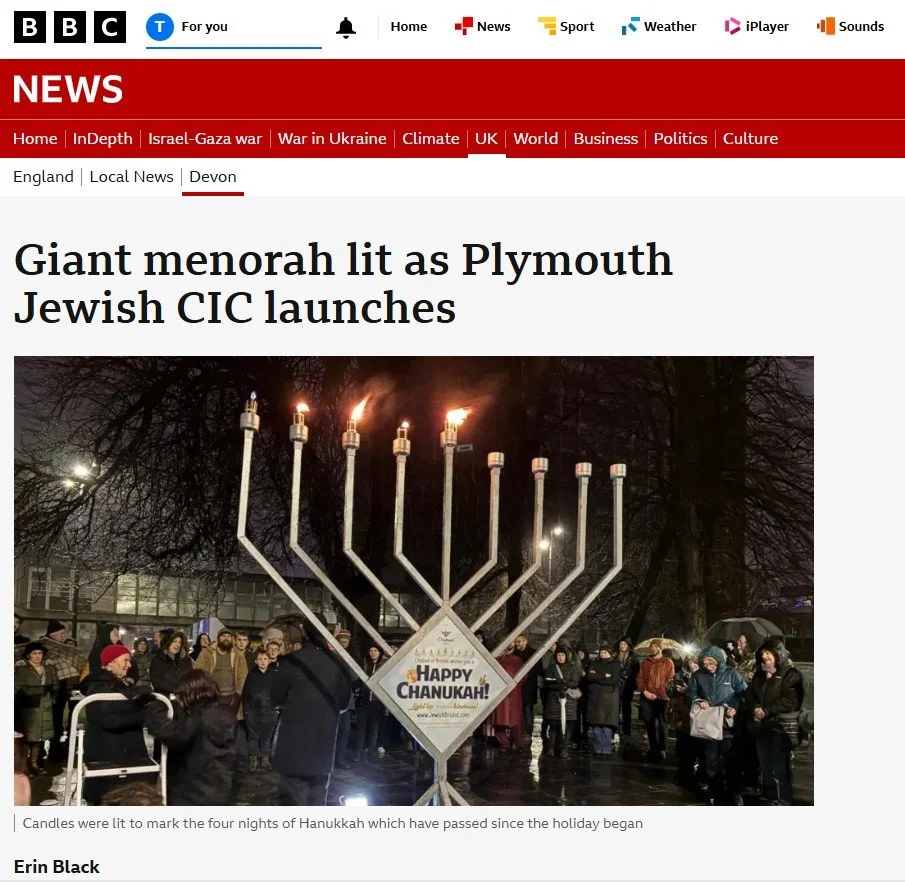BBC News - Giant menorah lit as Plymouth Jewish CIC launches