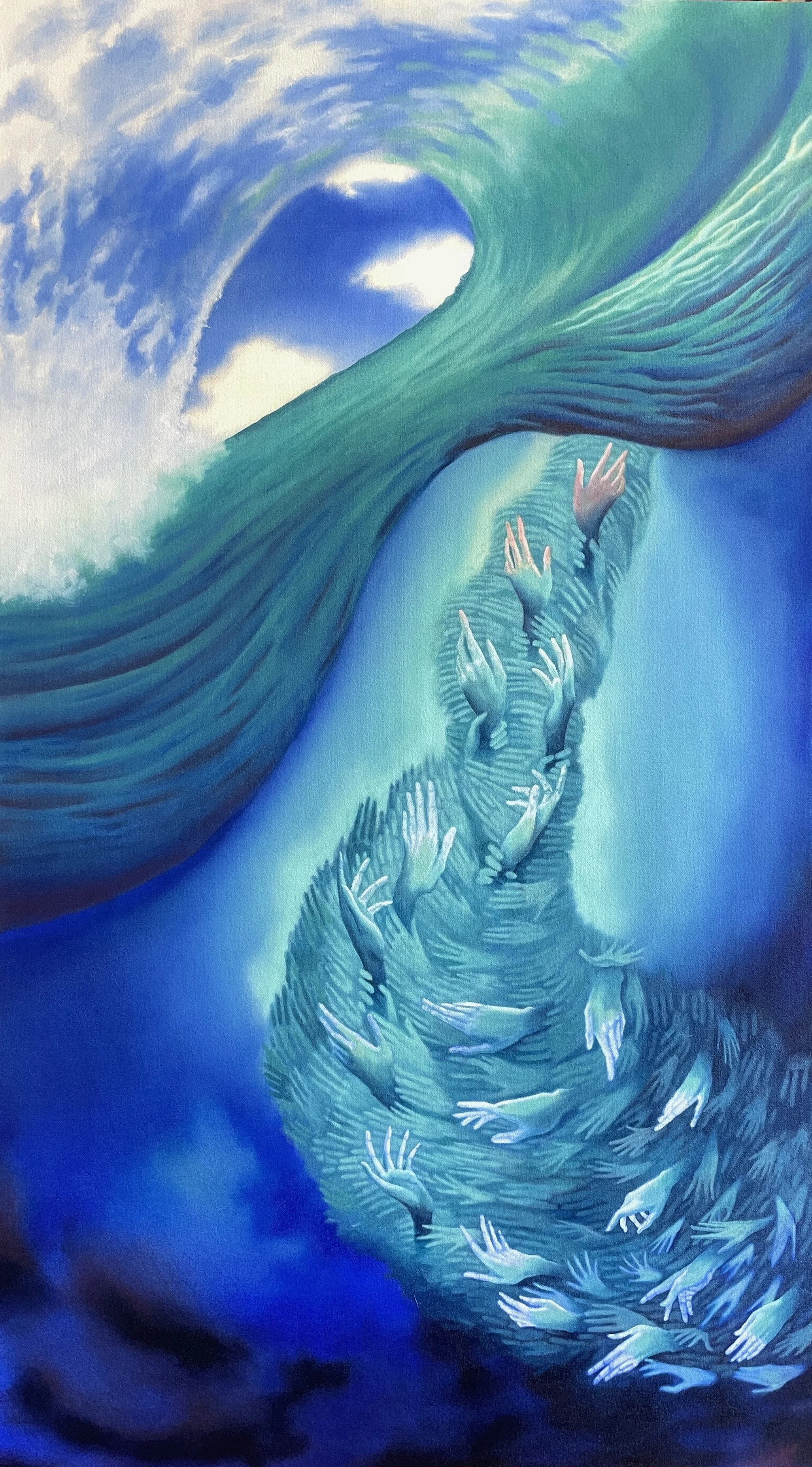 Under the surface of a huge barrelling wave, a tornado of hands whips round and round, tangled in themselves, spiralling upwards, seeking the surface. This painting represents being lost in the confusion of life but finding a way out.