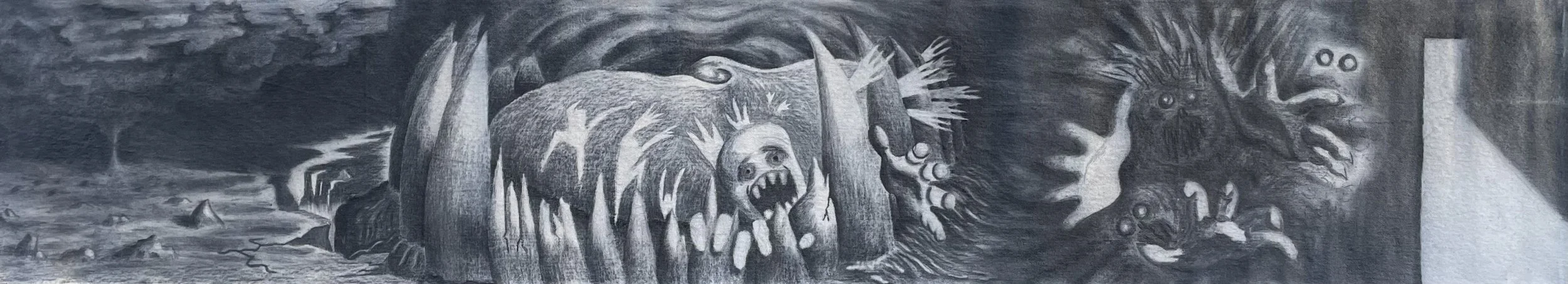 Drawing depicting the stages of a nightmare from feelings of tension, to horror, to being attacked and finally escaping as a door to the real world is opened