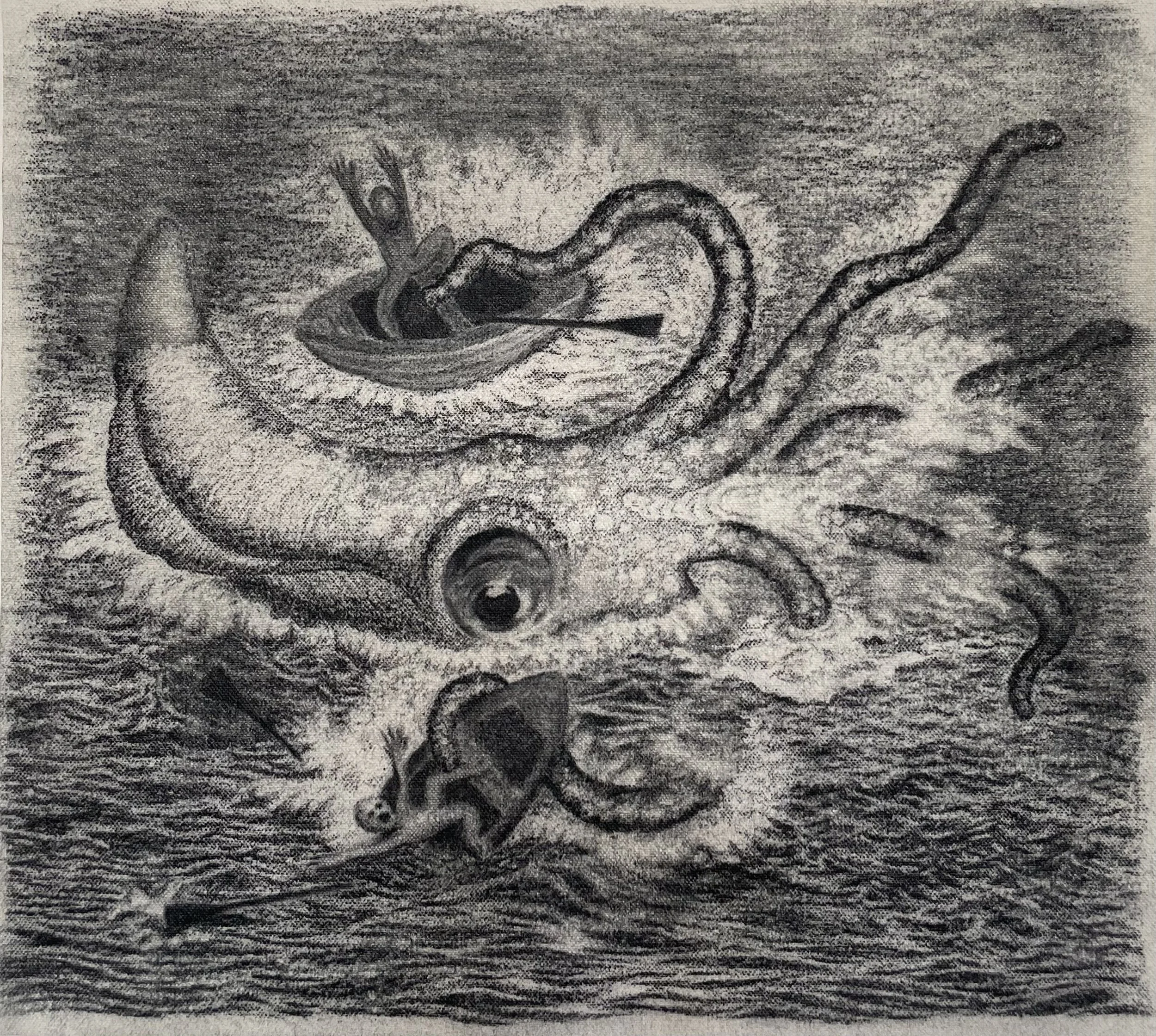 Drawing depicting a giant squid attack in homage to the nineteenth century depictions I love